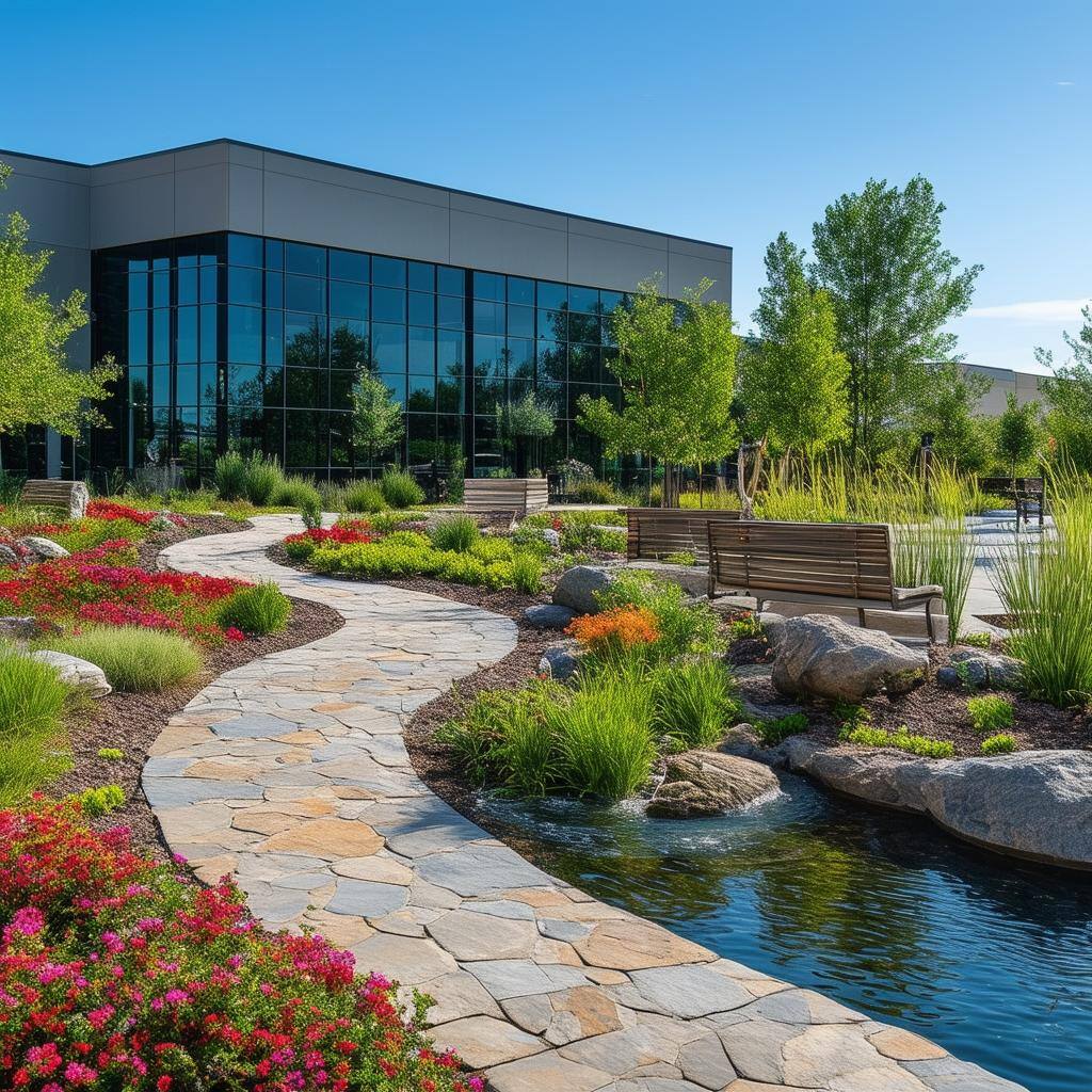 The image features a vibrant and meticulously designed landscape, showcasing a harmonious blend of lush greenery and elegant hardscapes