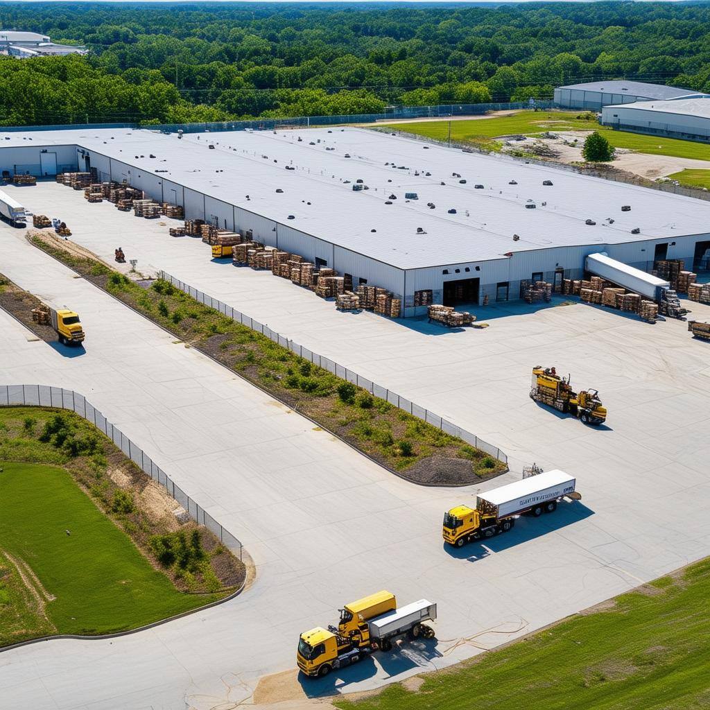 The photo depicts a bustling distribution center in Atlanta with a large, modern facility at its core