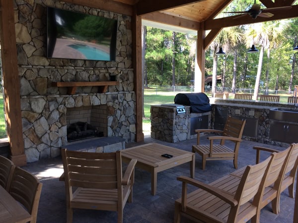 Residential hardscape company portfolio photo - outdoor kitchen and custom fireplace