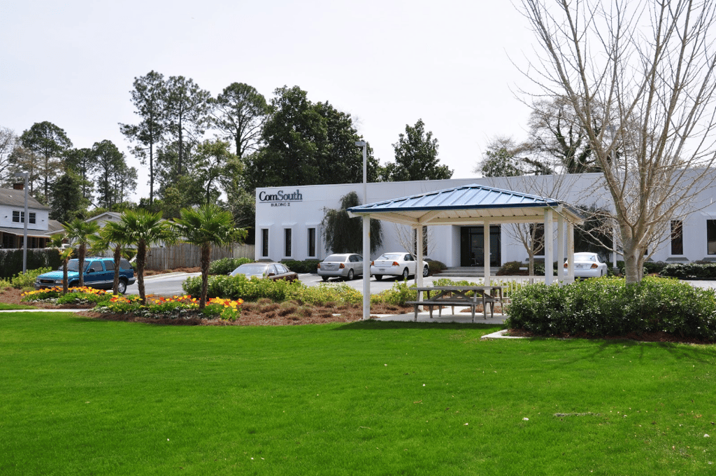 a sitting area on a corporate campus